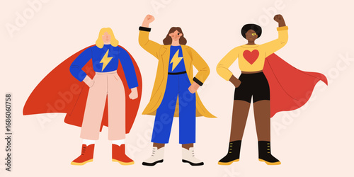 Diverse group of women dressed as superheroes standing together with fists raised in solidarity and empowerment