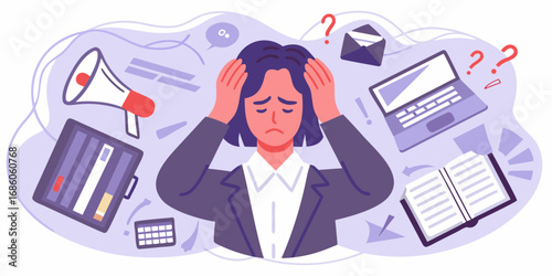 Overwhelmed businesswoman with hands on head surrounded by work related items and question marks