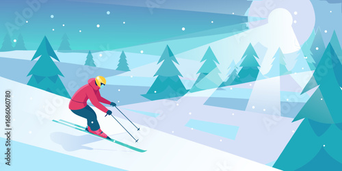 Stylized illustration of a skier descending a snowy slope surrounded by evergreen trees and falling snow