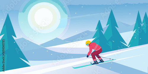 A lone skier descends a snowy mountain slope surrounded by evergreen trees under a bright stylized sun