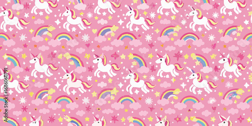 Whimsical pattern featuring cute white unicorns with pink manes and tails surrounded by colorful rainbows and fluffy clouds on a pink background