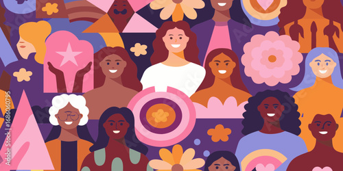 Diverse group of smiling women of different ages and ethnicities celebrating together with flowers and rainbows