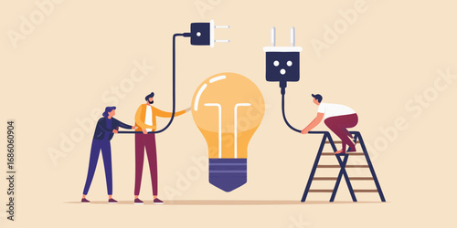 Teamwork connecting plugs to a giant light bulb symbolizing collaboration and generating new ideas