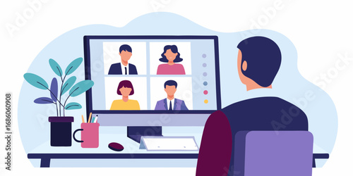 Man participating in a video conference call with colleagues on a computer screen