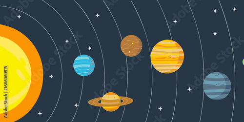 Stylized illustration of the solar system with planets orbiting a bright sun against a dark starry background