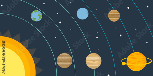 Stylized illustration of the solar system with the sun and planets orbiting in space
