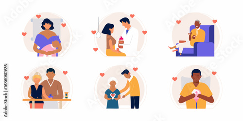 Diverse people receiving care and support showing compassion and health services