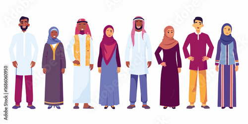 Diverse group of smiling men and women in traditional middle eastern clothing standing together