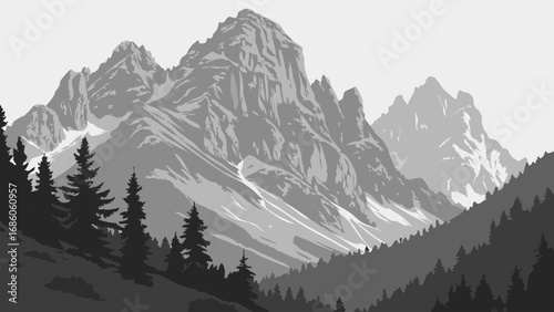 Majestic Monochrome Mountain Range and Forest Landscape Illustration.