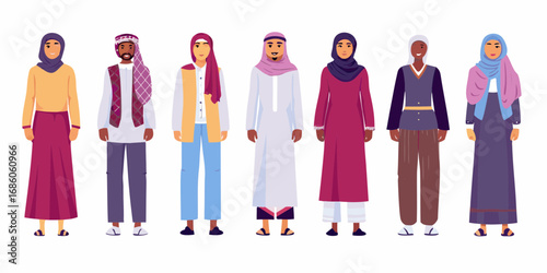 Diverse group of men and women in traditional middle eastern islamic clothing standing together