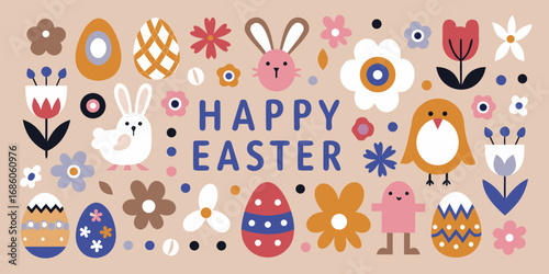 Happy easter banner with cute cartoon animals and colorful decorative elements