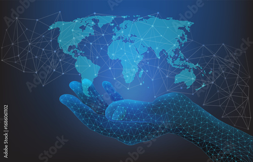 Abstract hand holding world map blue background, surrounded by a data network. Futuristic concept of global technology.