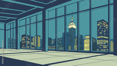 Night cityscape view from modern building interior illuminated skyscrapers and city lights at night.