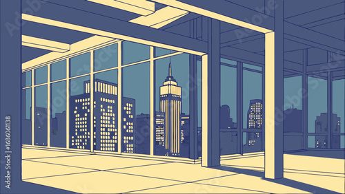 Night cityscape view from modern building interior urban scene skyscraper windows city lights at dusk architectural illustration.