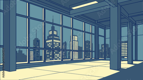 Night cityscape view from modern office interior large windows city lights skyscraper skyline urban landscape architectural design contemporary building interior design night scene evening view panor.