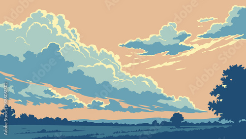 Stylized Landscape Illustration Dramatic Cloudscape Over Rural Scene.
