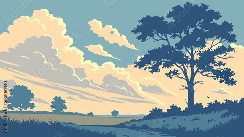Summer Landscape with Trees and Cloudy Sky Nature Illustration Pastel Colors Rural Scene Artistic Design.