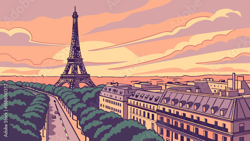 Sunset View of Cityscape with Tall Tower and Avenue.