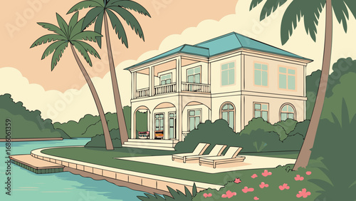 Tropical Waterfront House Summer Vacation Coastal Property Luxury Home Illustration Palm Trees Seaside Residence Oceanfront Villa Idyllic Resort Relaxing Getaway Summertime Dream Home Calm Waters Tra.