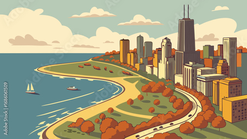 Vintage Cityscape Illustration Coastal Skyline with Park and Road.