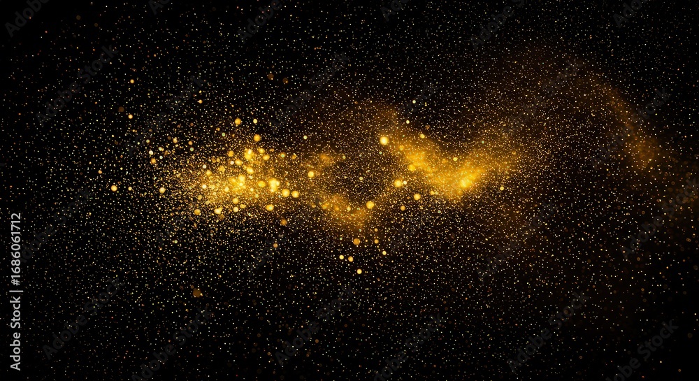 Obraz premium A glittering gold dust cloud with a dark background and many small glowing particles scattered around