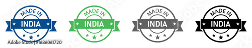 Made in India badge stamp vector set with ribbon banner and circular emblem design. Perfect for product labels, packaging, branding, and certification,