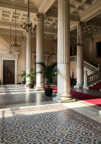 Grand interior hall featuring classical pillars ornate flooring and elegant chandeliers showcasing timeless architecture