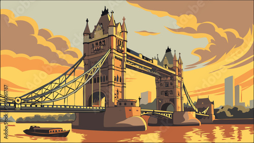 Vintage Style Bridge Illustration Sunset Cityscape Travel Poster Design River Architecture Iconic Landmark.