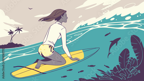 Woman surfing on a yellow surfboard ocean waves tropical island background summer vacation water sports illustration.