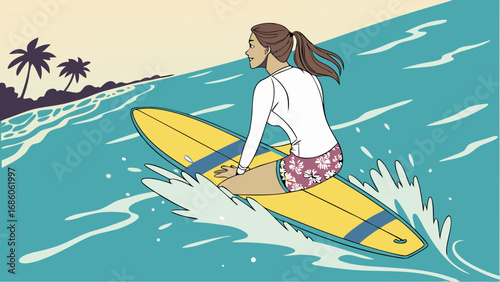 Woman Surfing on Yellow Surfboard in Ocean with Palm Trees in Background.