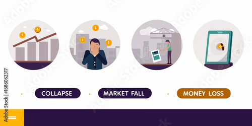 Financial crisis and economic downturn illustrated with icons representing market collapse and money loss