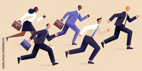 Diverse group of business professionals running forward with briefcases in a competitive race