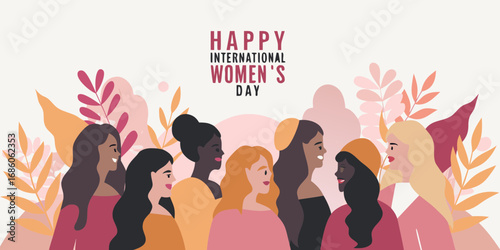 Diverse group of women celebrating international womens day with floral elements and text