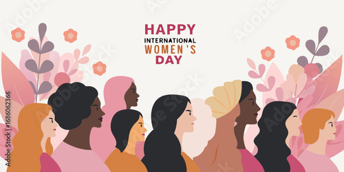 Diverse group of women celebrating international women s day with floral background and inspirational text