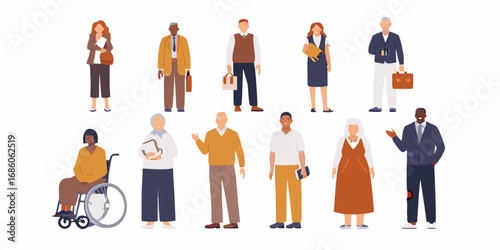 Diverse group of people in professional attire with varying ages and ethnicities standing together