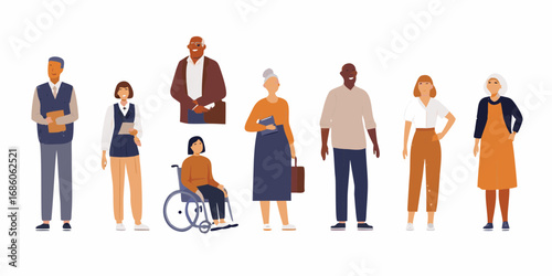 Diverse group of people standing together representing different ages genders ethnicities and abilities