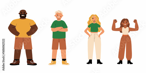 Diverse group of four people standing together showcasing different genders ethnicities and body types