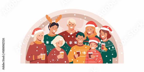 Diverse group of happy people wearing festive christmas sweaters and santa hats holding drinks