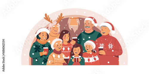 A diverse family celebrating christmas together wearing festive sweaters and holding hot drinks
