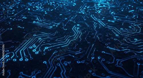 Closeup of a dark circuit board with bright blue lines dots and paths resembling electronic circuitry