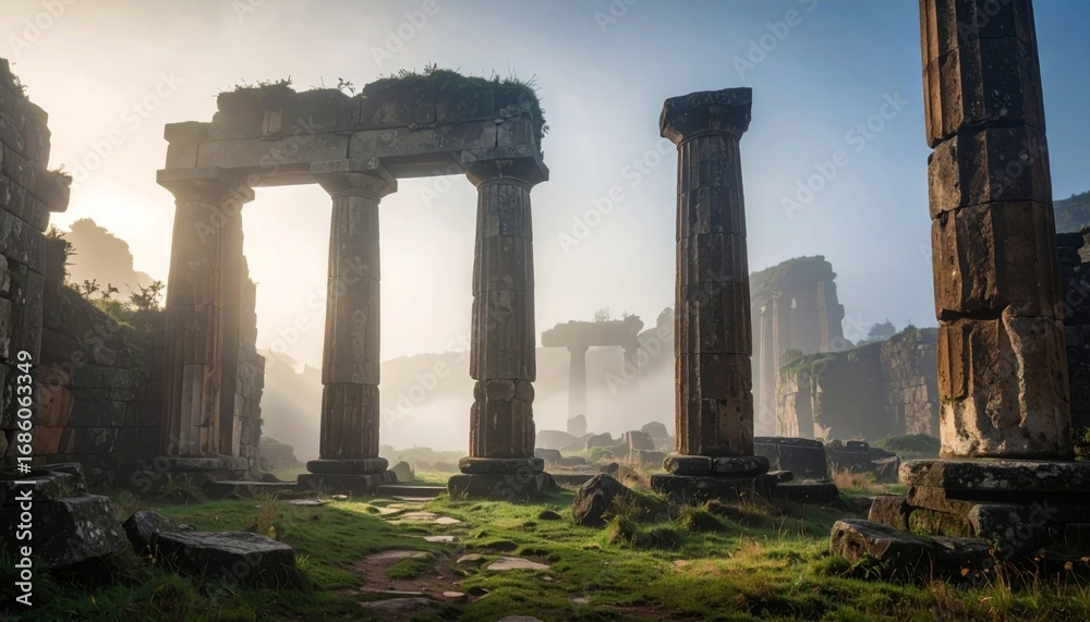 Fototapeta premium Misty Morning at Ancient Ruins Surrounded by Nature's Beauty
