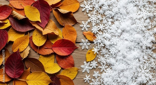Autumnal Leaves Meet Winter Snowflakes on Rustic Wooden Surface