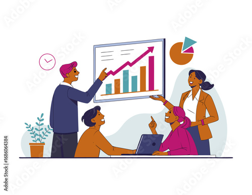 Asian businesswoman leads a meeting in a modern office, presenting data analysis and charts on a large screen, engaging with her team to discuss company performance and strategic planning
