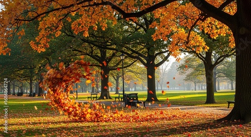 Autumnal Whirlwind: Golden Leaves Dance in a Sunlit Park Landsca