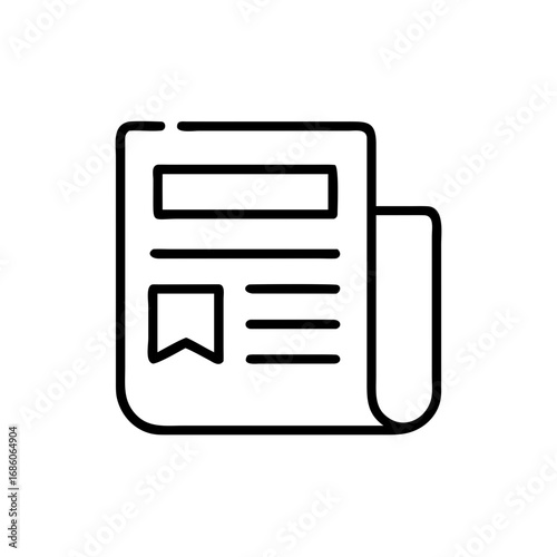 A simple graphic line art illustration of a newspaper. It shows a folded newspaper with headline and story