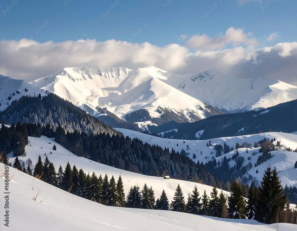Fototapeta premium Snowy mountain range with pine forest