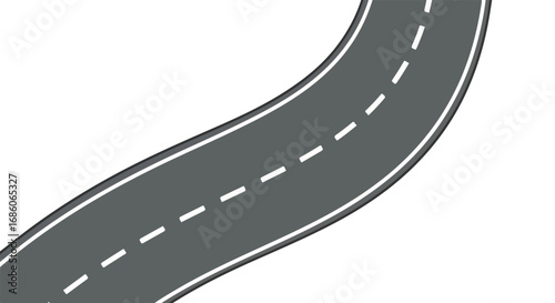 Winding Asphalt Path Illustration with Dashed Lane Markers on Clean White Background for Road Trip Theme. It Represents a Transportation Route Concept
