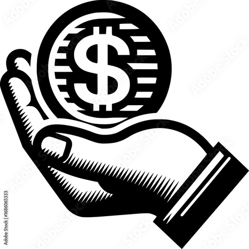 Financial Offering: A stylized depiction of a hand holding a single dollar coin, representing concepts such as monetary exchange, wealth, and economic transactions.