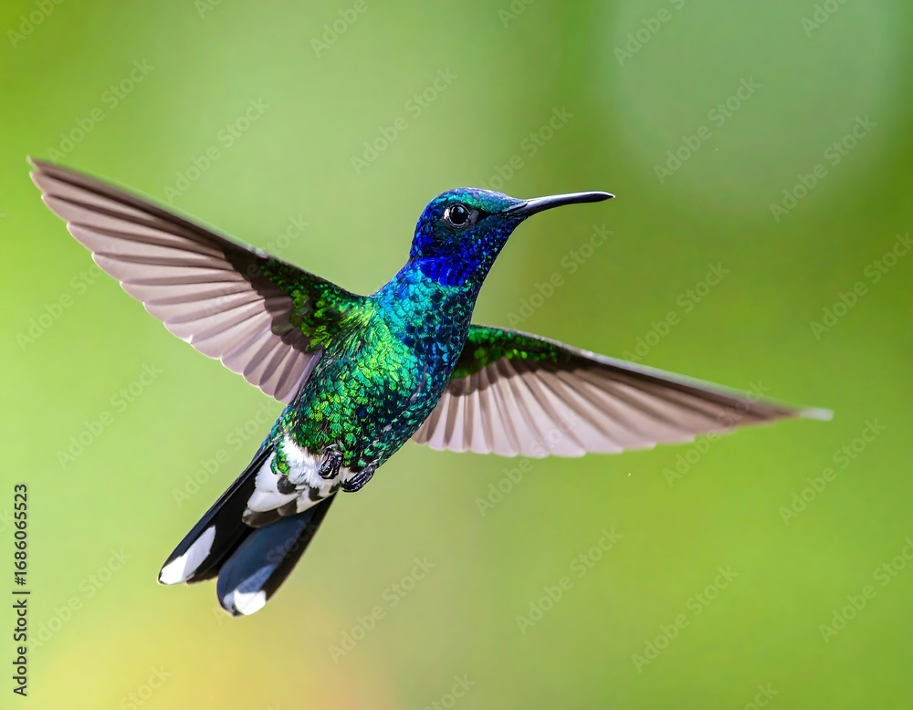 Naklejka premium Vibrant hummingbird in flight against a blurred green backdrop