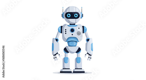 Futuristic friend a charming cartoon style robot with expressive eyes standing alert on a crisp white background displaying technology